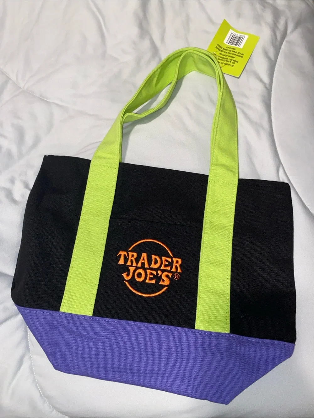 Trader Joe’s Black Canvas Tote with Lime Handles and Purple Base